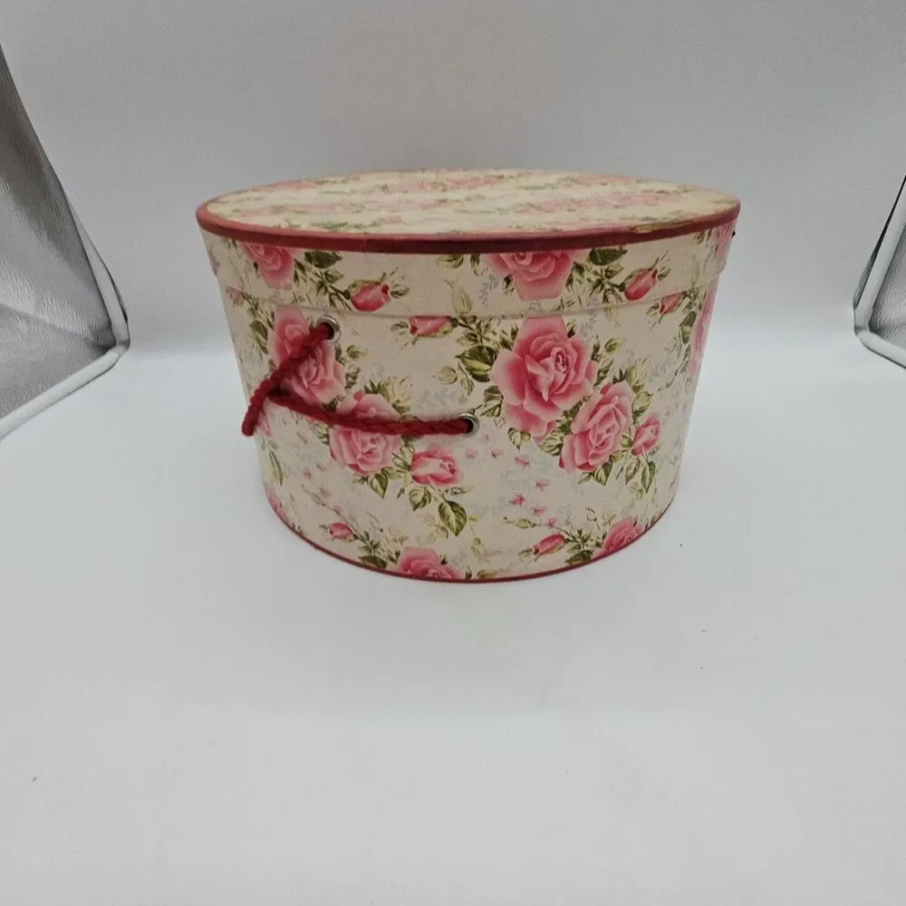 Vintage PINK FLORAL HATBOX w/CORD HANDLE Wallpaper Shabby Chic